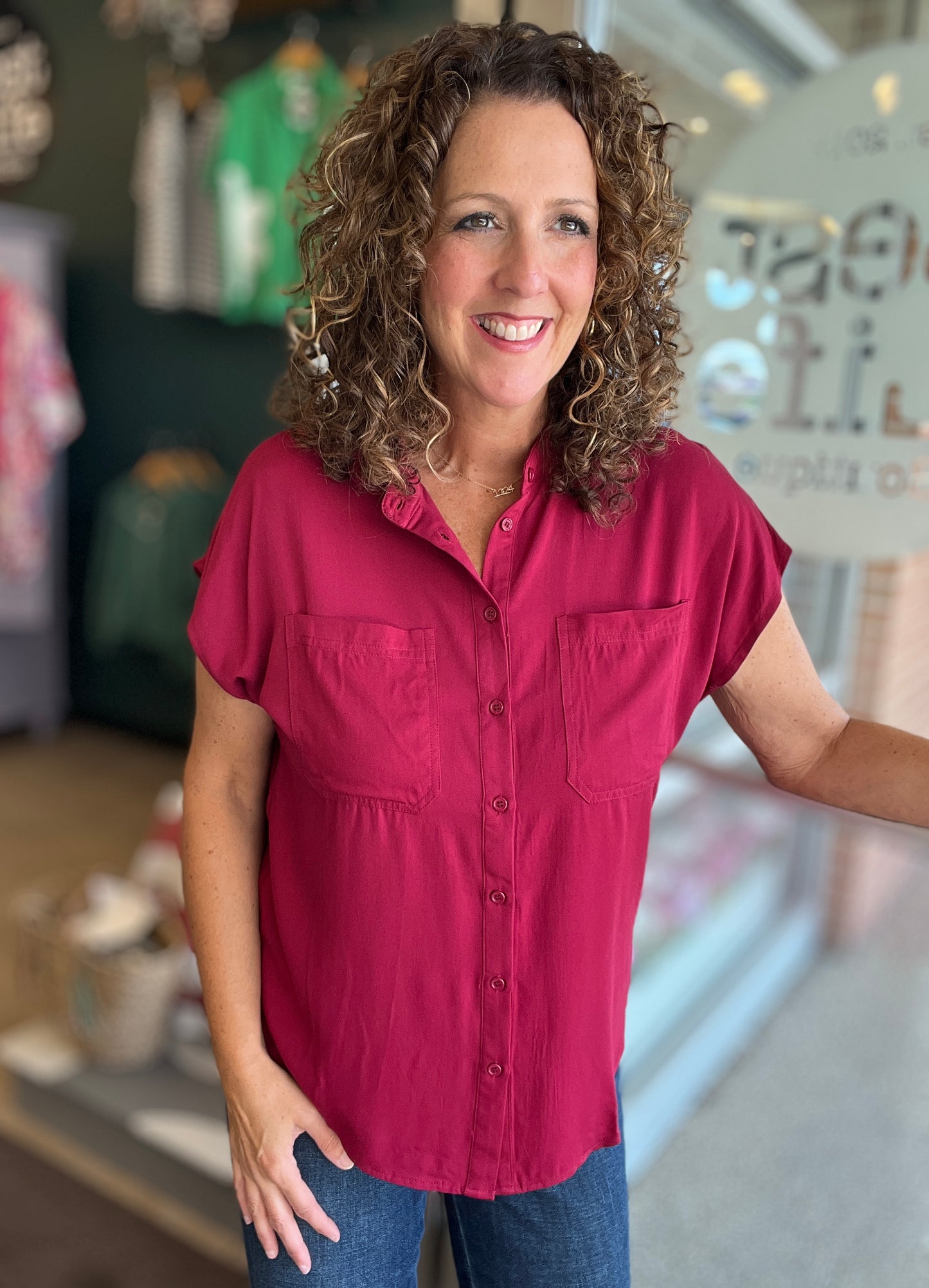 Simple Collar Cap Sleeve Blouse