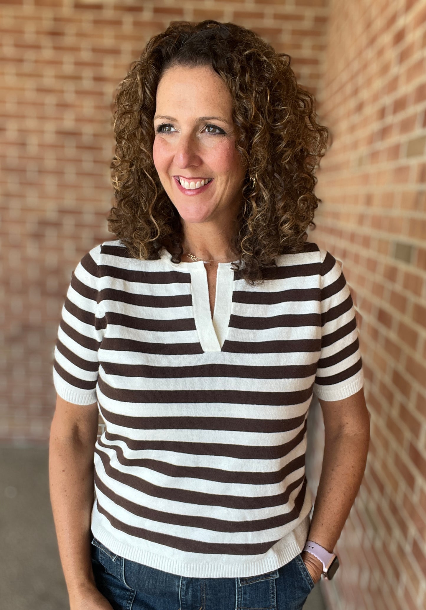 Split Neck Striped Lightweight Knit Top