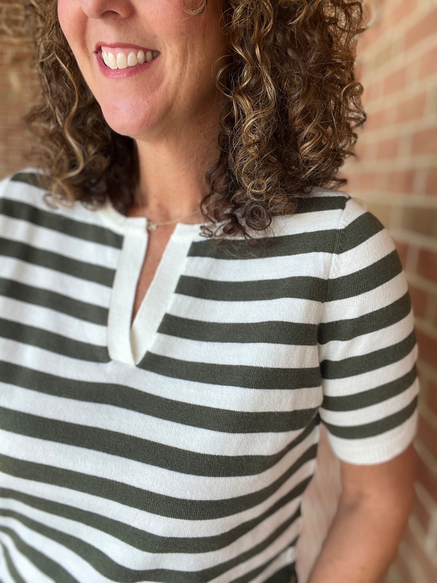 Split Neck Striped Lightweight Knit Top