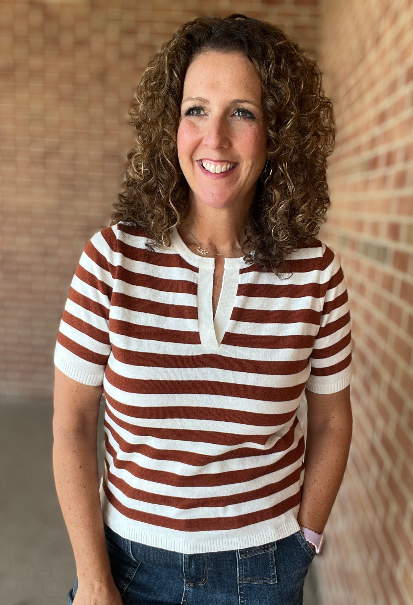 Split Neck Striped Lightweight Knit Top
