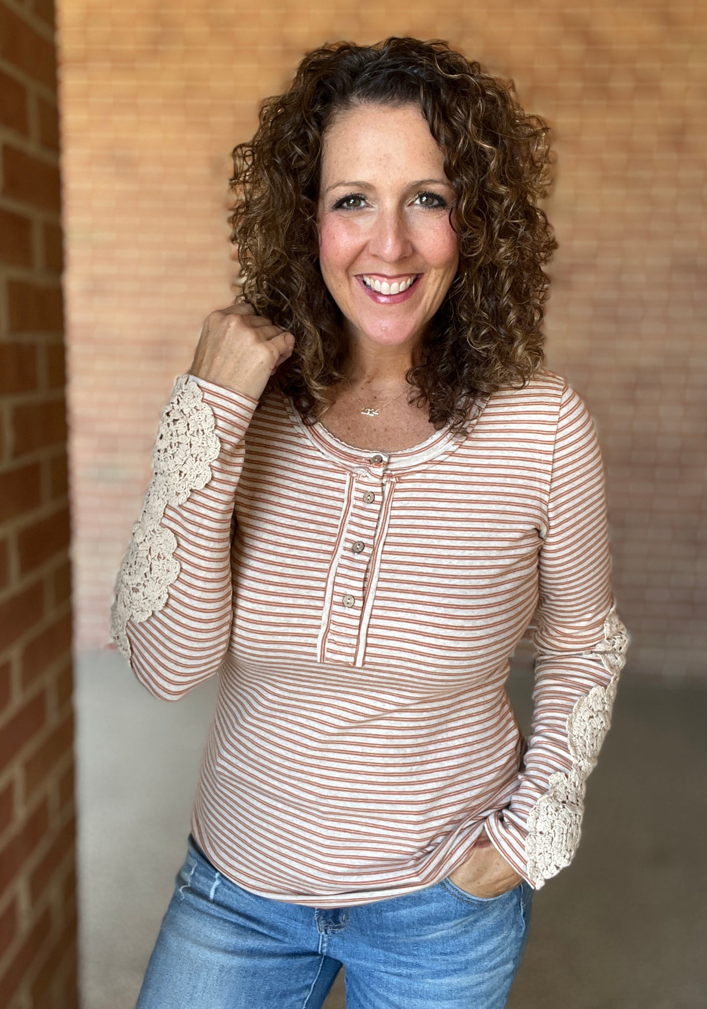 Striped Henley with Crochet Sleeve Detail