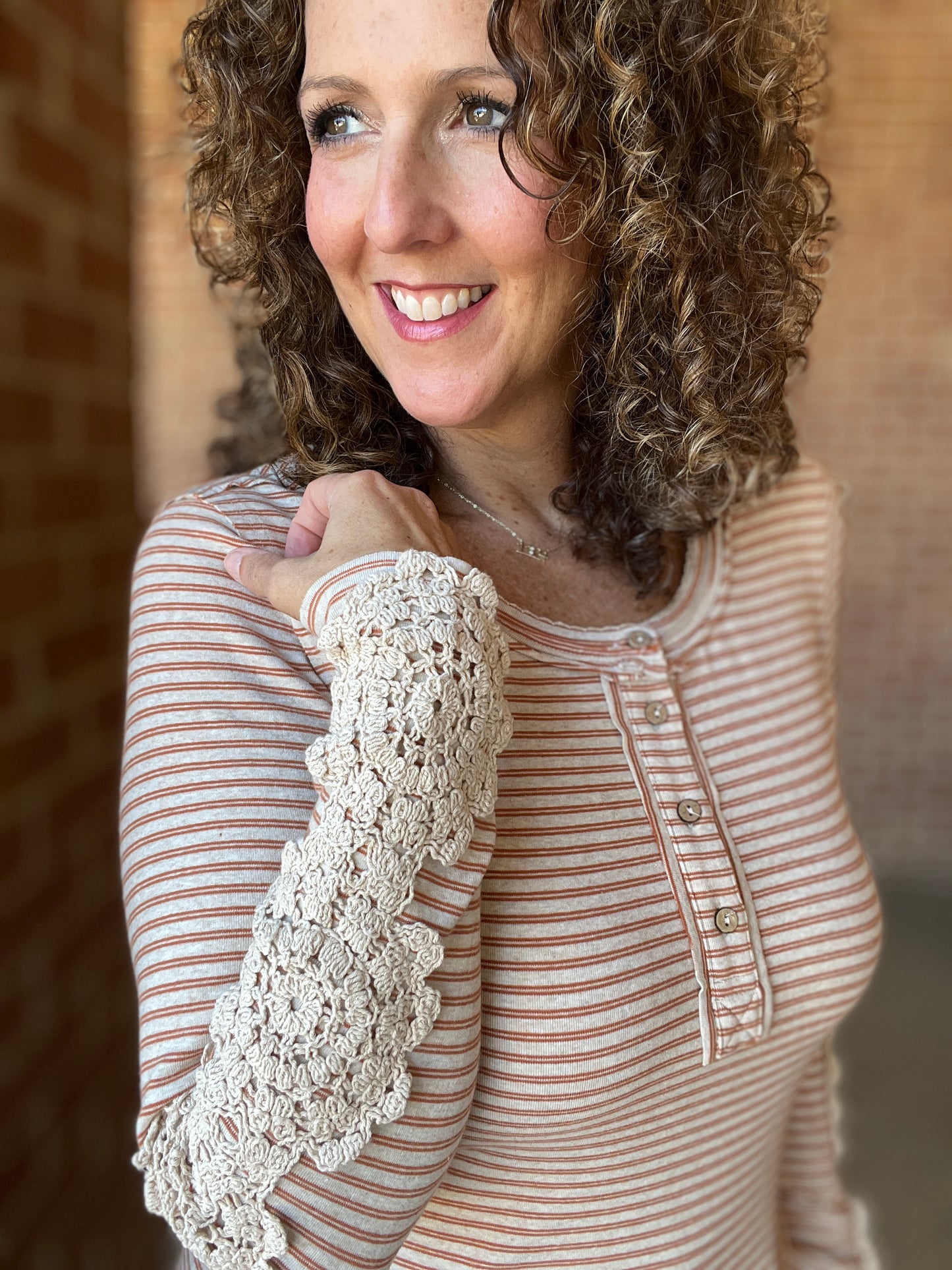 Striped Henley with Crochet Sleeve Detail
