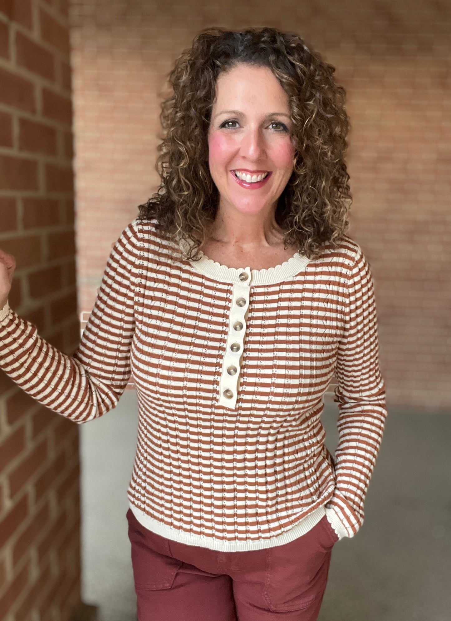 Pointelle Knit Striped Henley Top