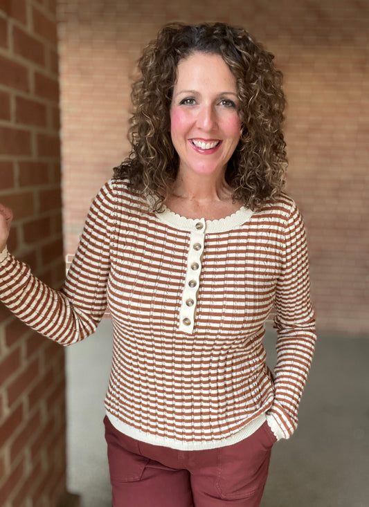 Pointelle Knit Striped Henley Top