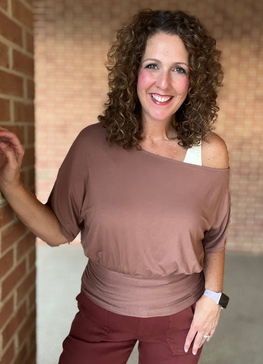 Off-The-Shoulder Ruched Waist Knit Top