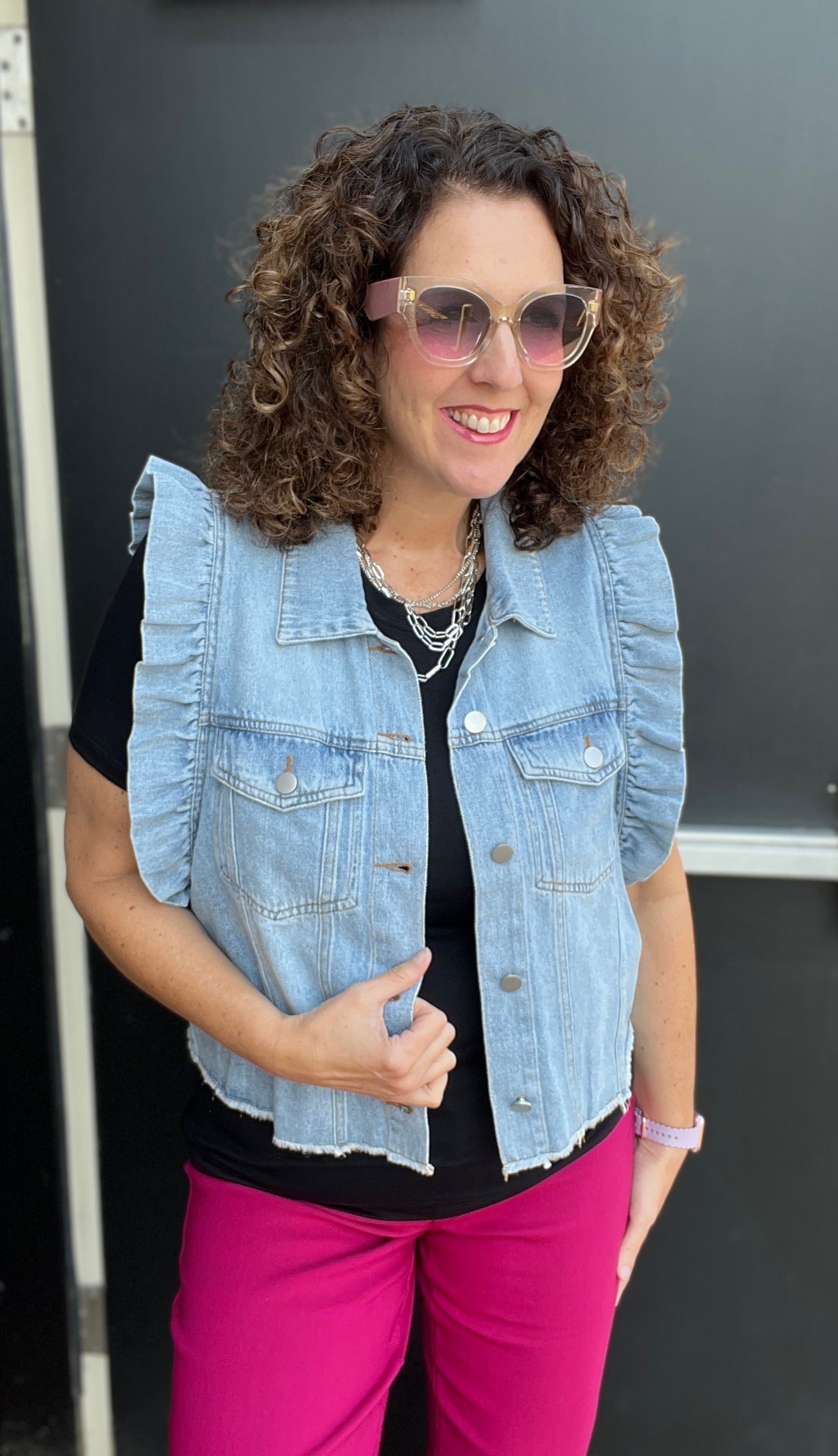 Ruffled Shoulder Sleeveless Denim Jacket