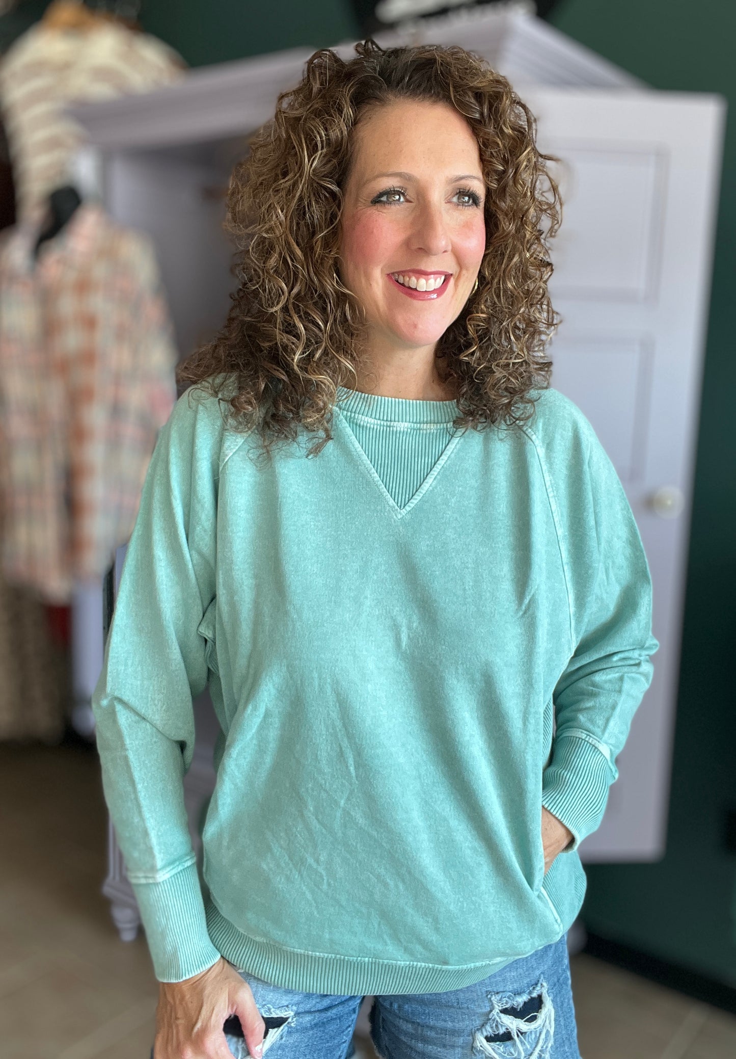 Acid Wash Sweatshirt with Ribbed Detail & Pockets