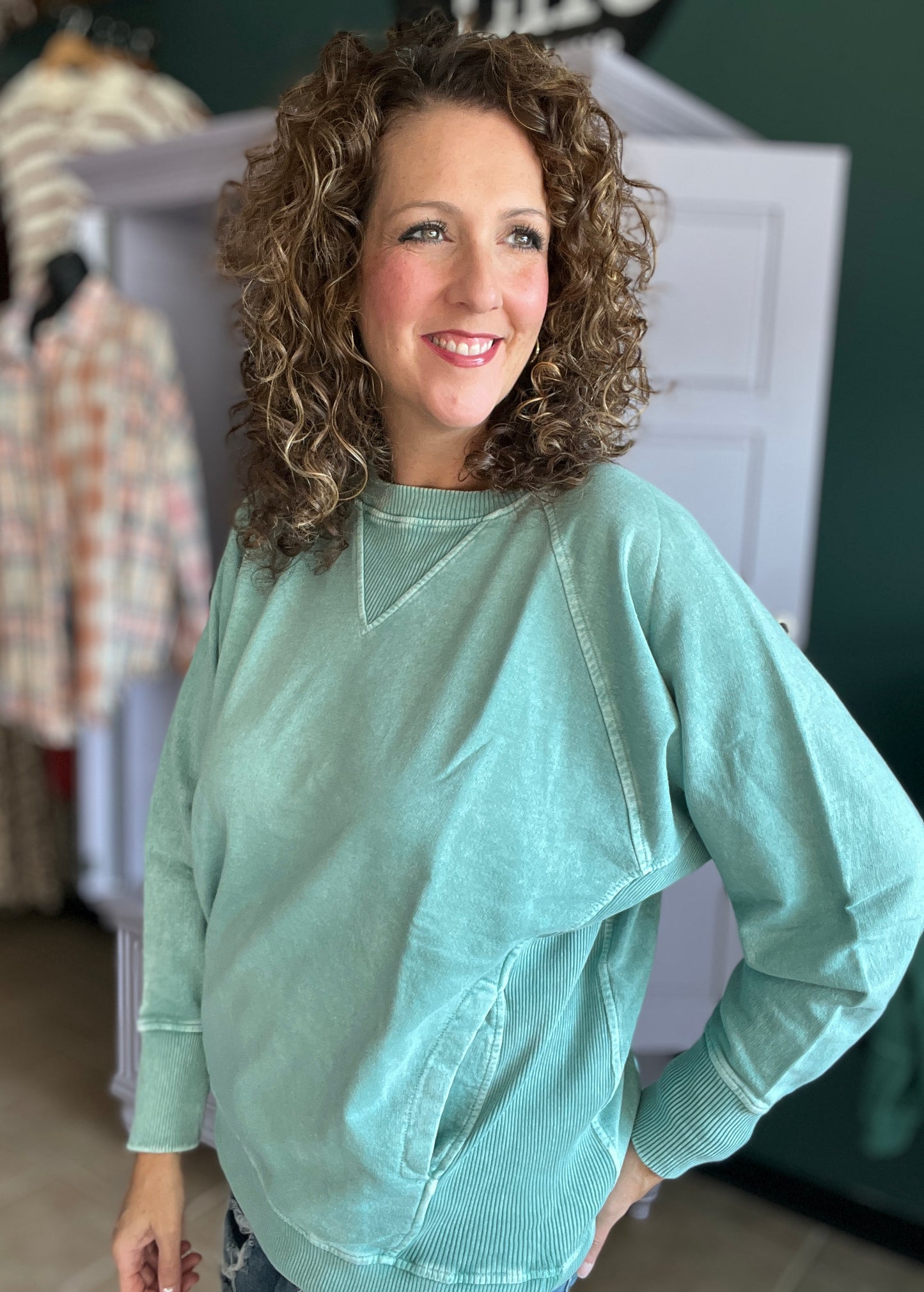 Acid Wash Sweatshirt with Ribbed Detail & Pockets