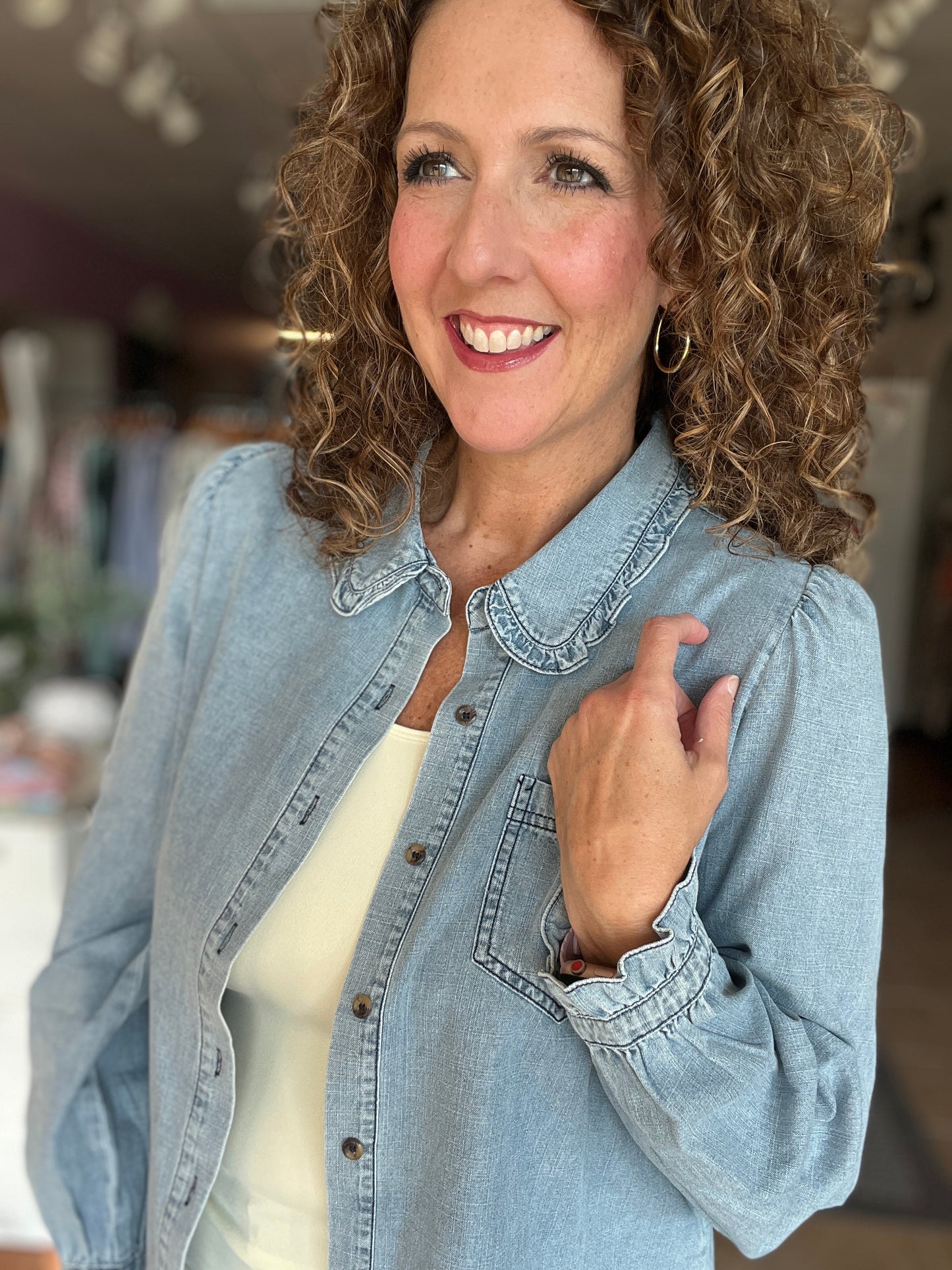 Ruffle Detail Denim Shirt