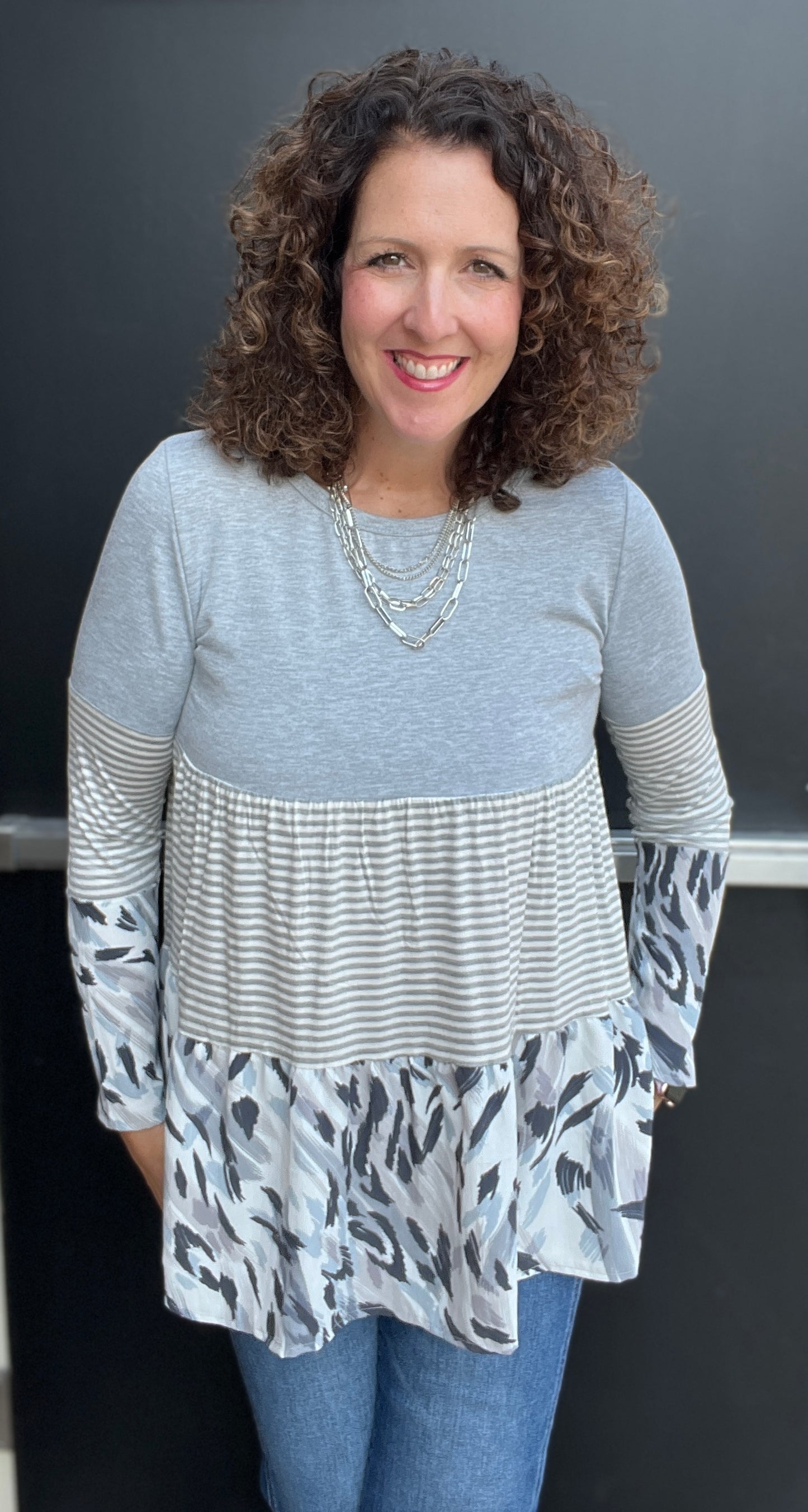 Mixed Gray Print Tiered Top