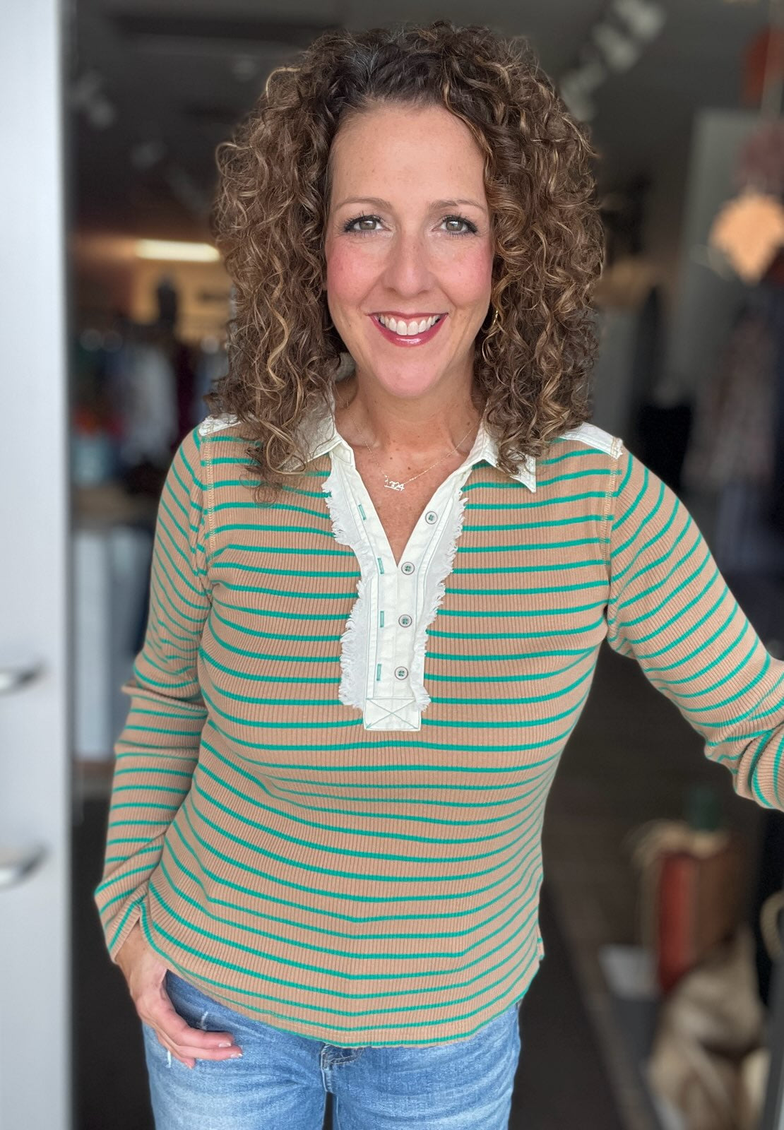 Striped Ribbed Knit Henley with Frayed Detail