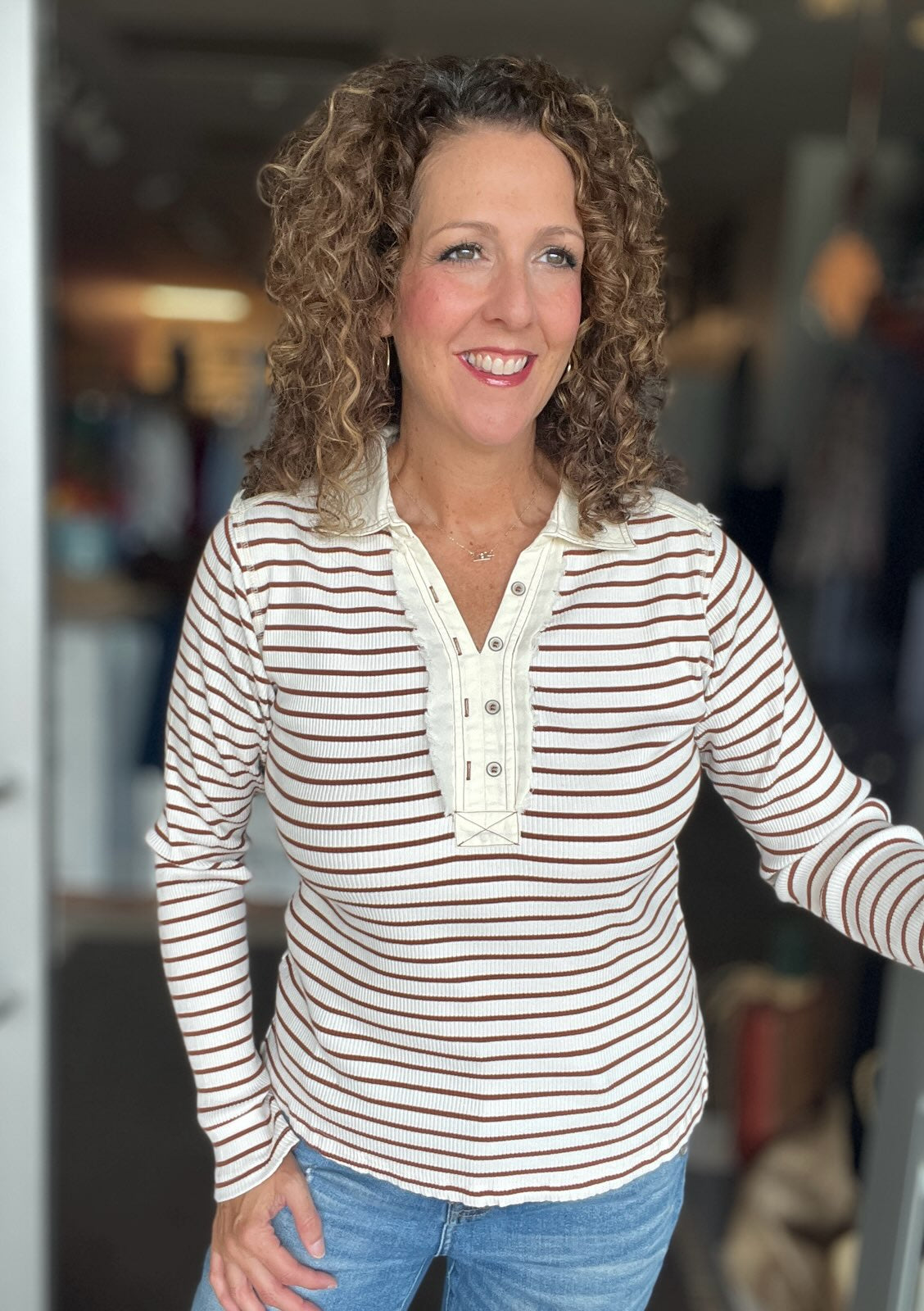 Striped Ribbed Knit Henley with Frayed Detail