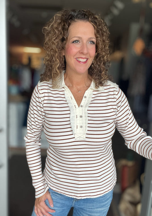 Striped Ribbed Knit Henley with Frayed Detail