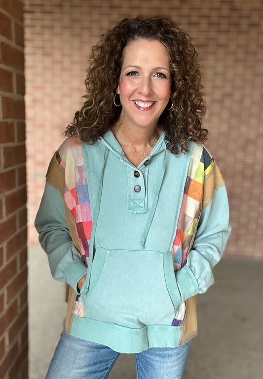 Checker Print Mixed Color Block Hoodie