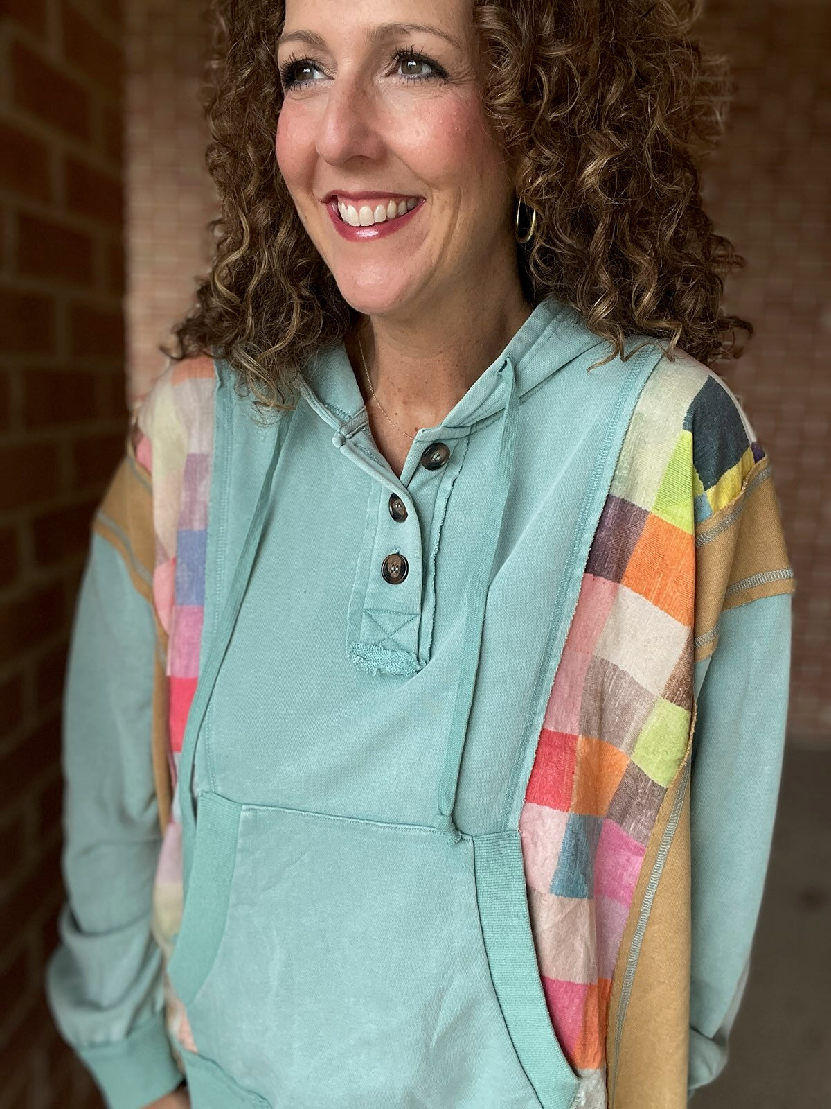 Checker Print Mixed Color Block Hoodie