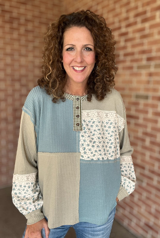 Mixed Fabric Henley with Lace Details