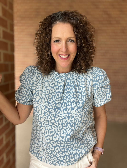 Leopard Denim Top with Puff Sleeves