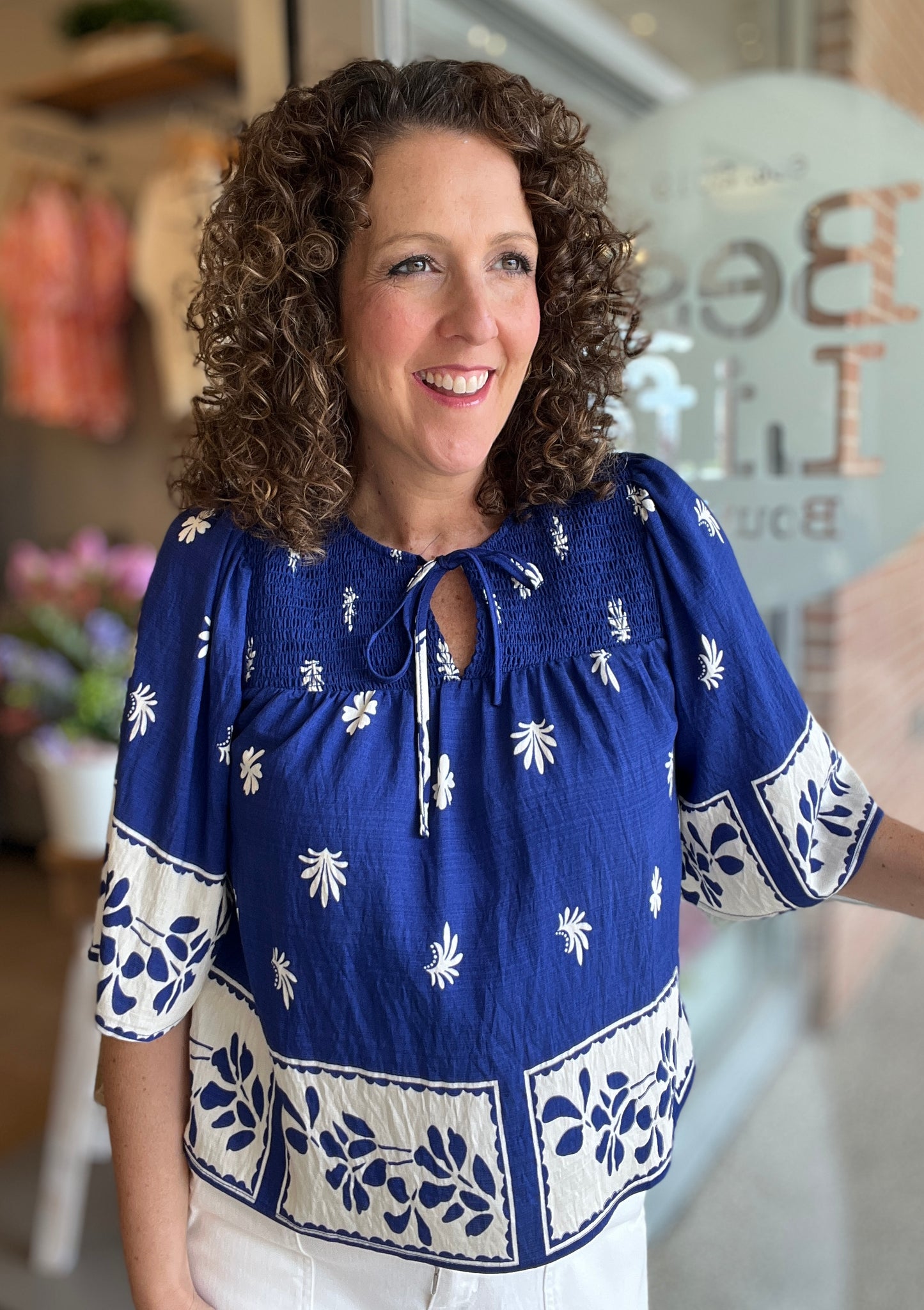 Border Print Smocked Yoke Top
