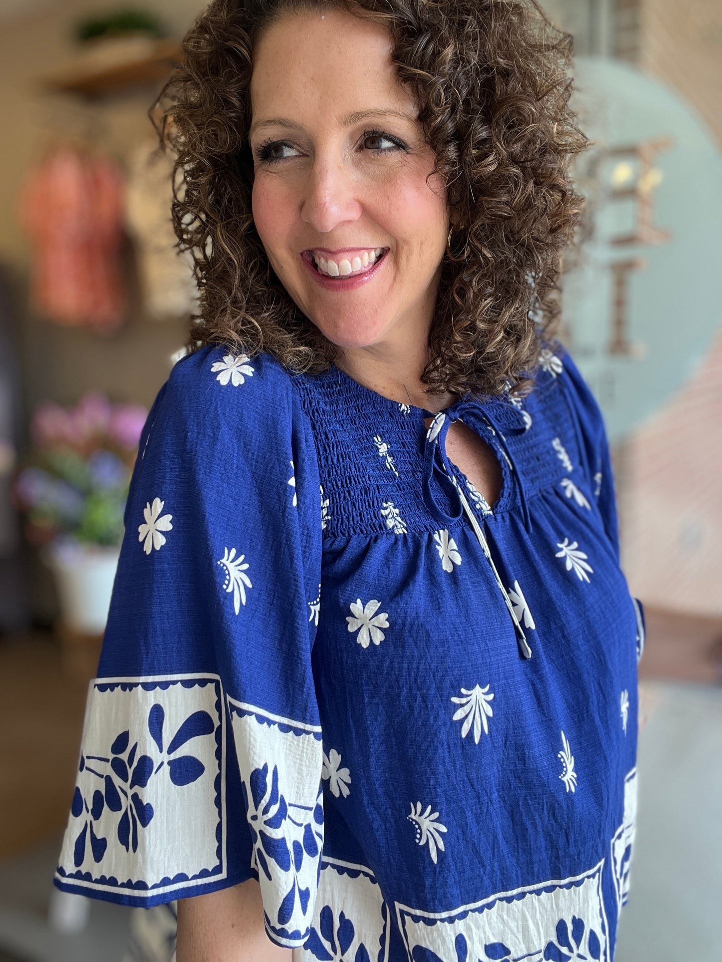 Border Print Smocked Yoke Top