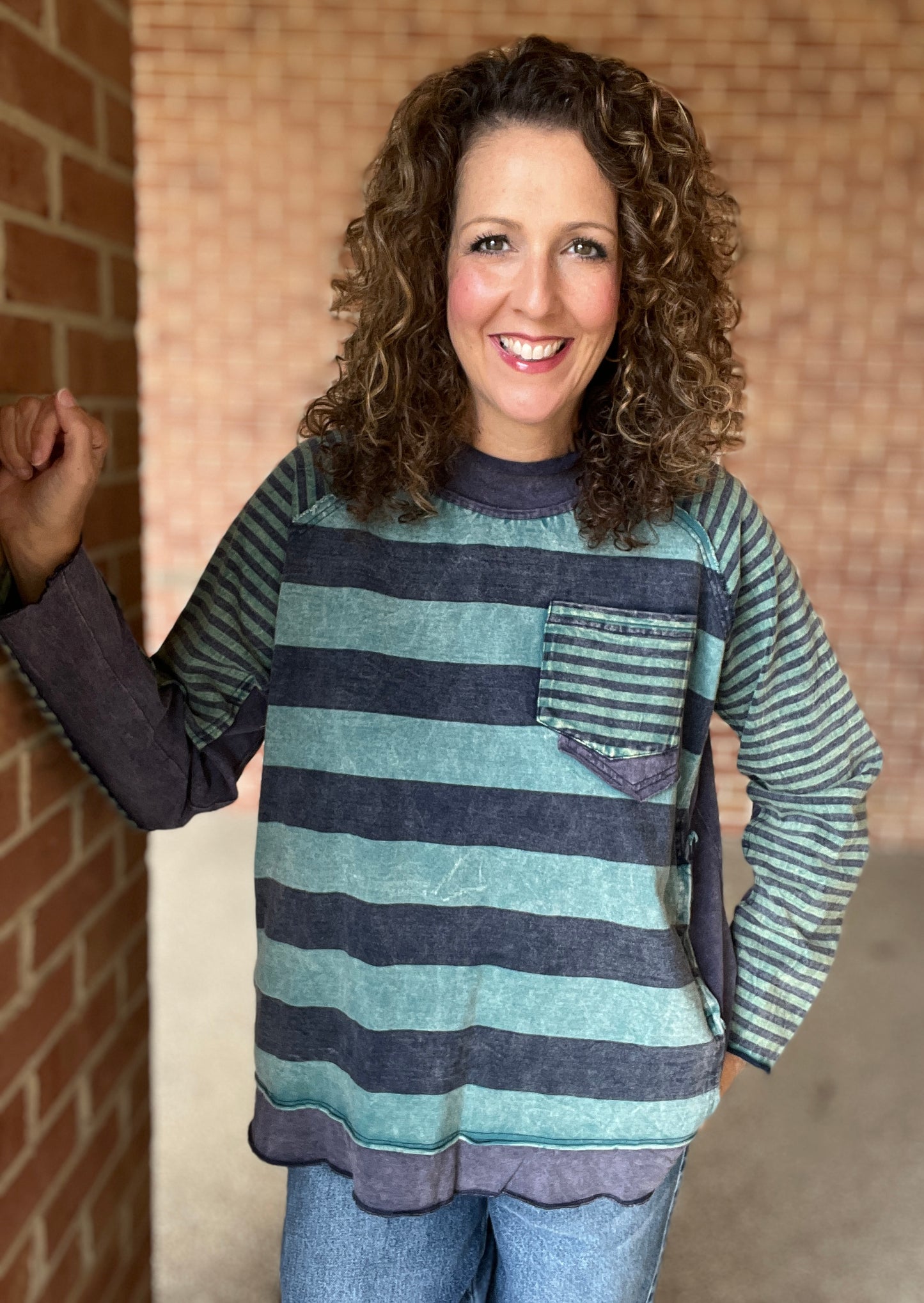 Washed Mock Neck Striped Top