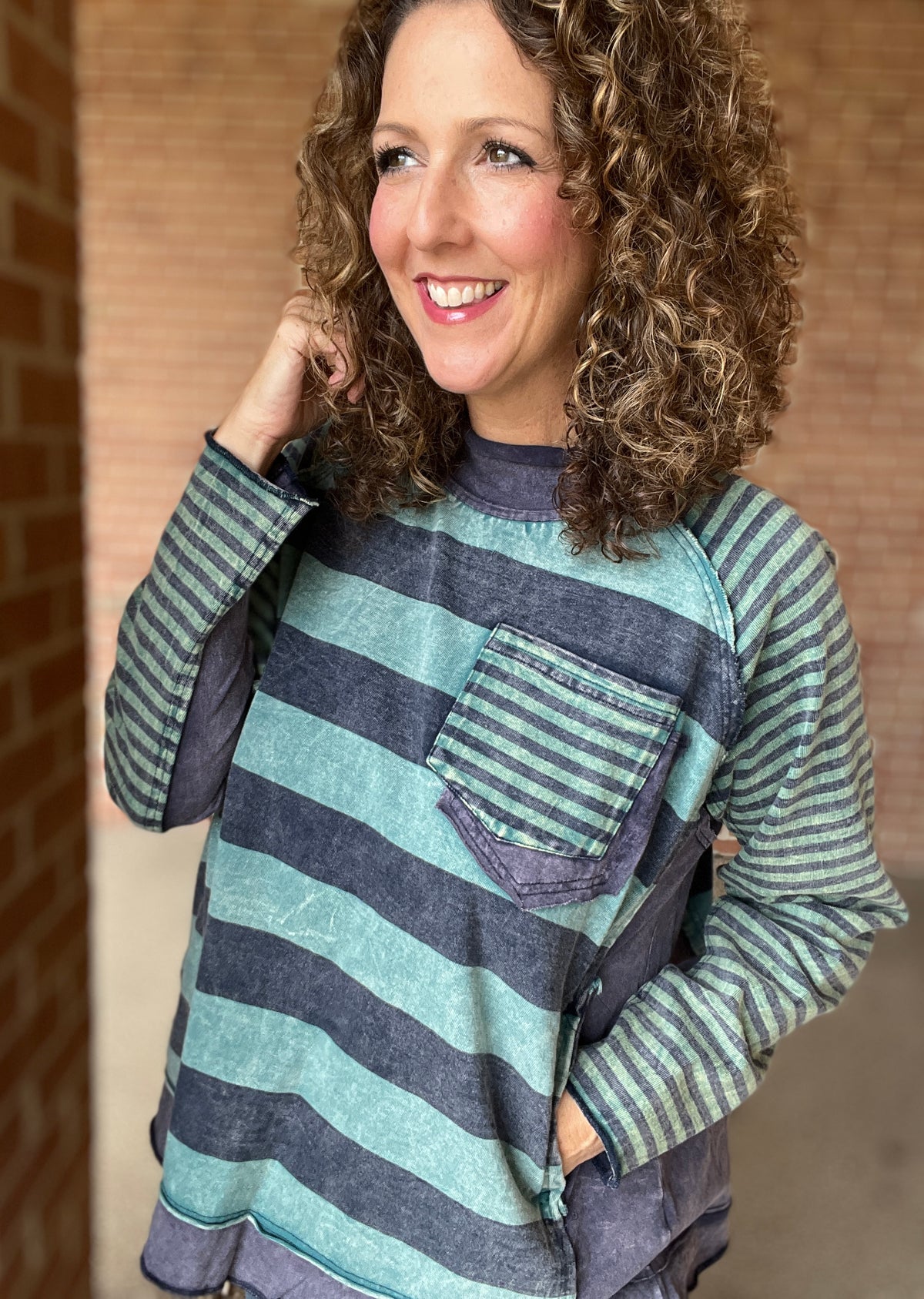 Washed Mock Neck Striped Top
