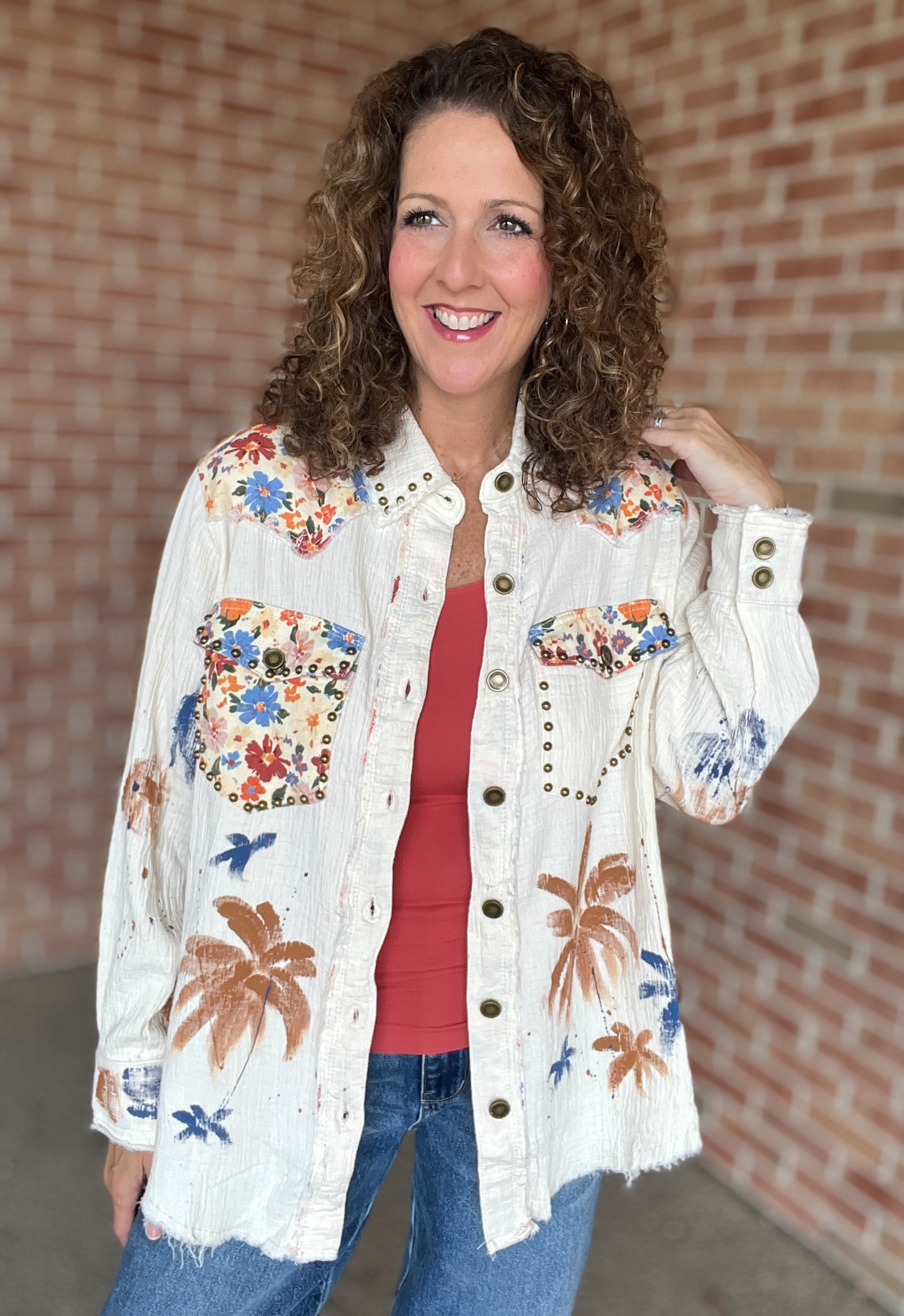 Mixed Fabric Button Down with Paint and Stud Details