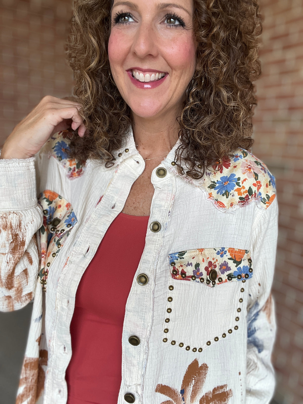 Mixed Fabric Button Down with Paint and Stud Details