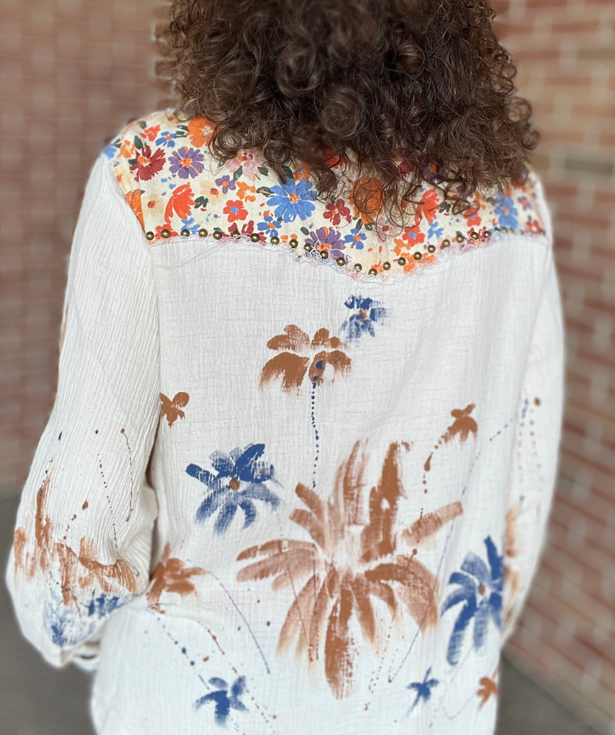 Mixed Fabric Button Down with Paint and Stud Details