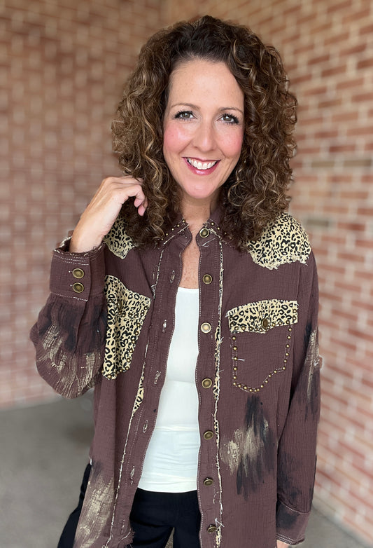 Mixed Fabric Button Down with Paint and Stud Details