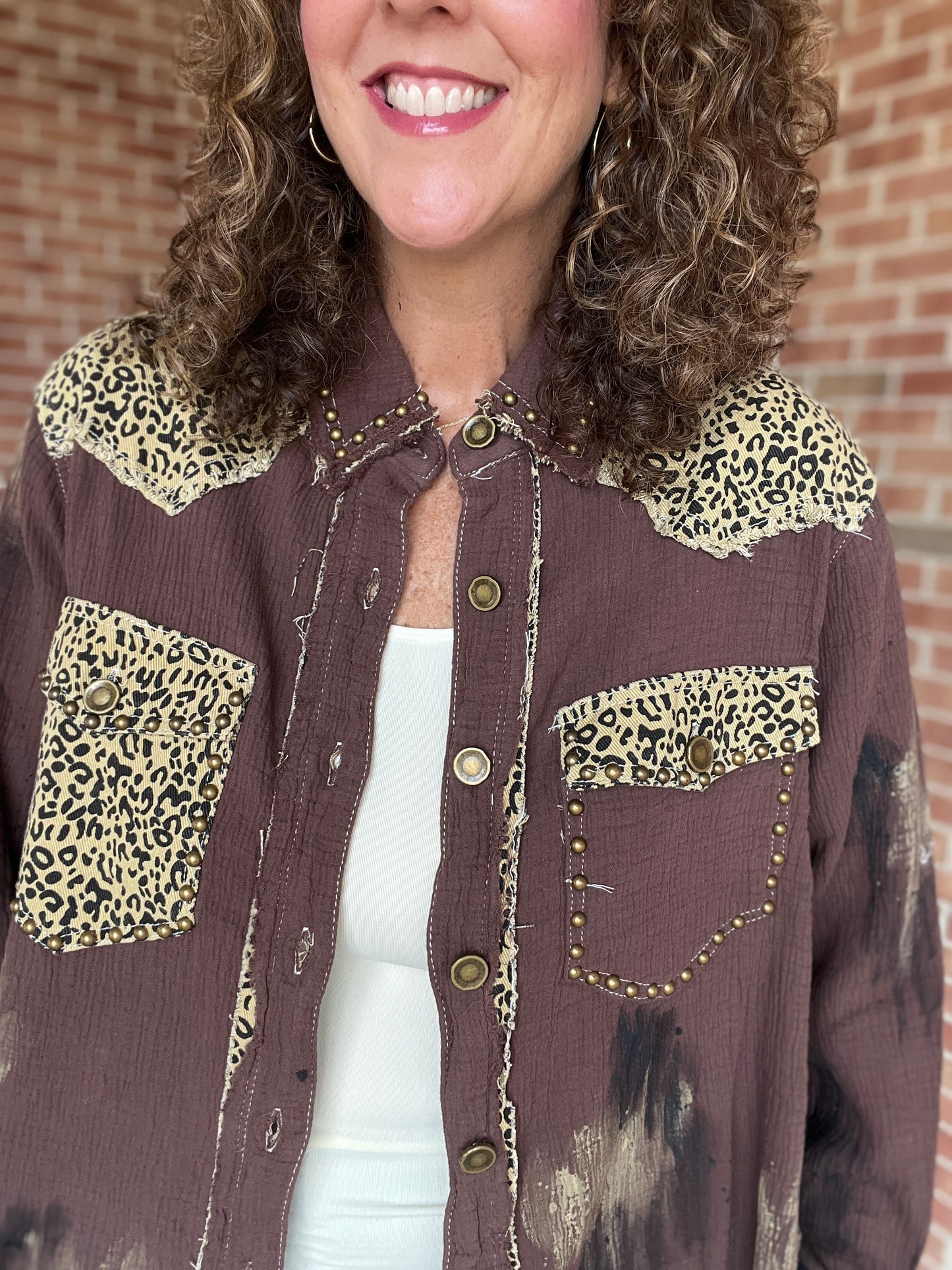 Mixed Fabric Button Down with Paint and Stud Details