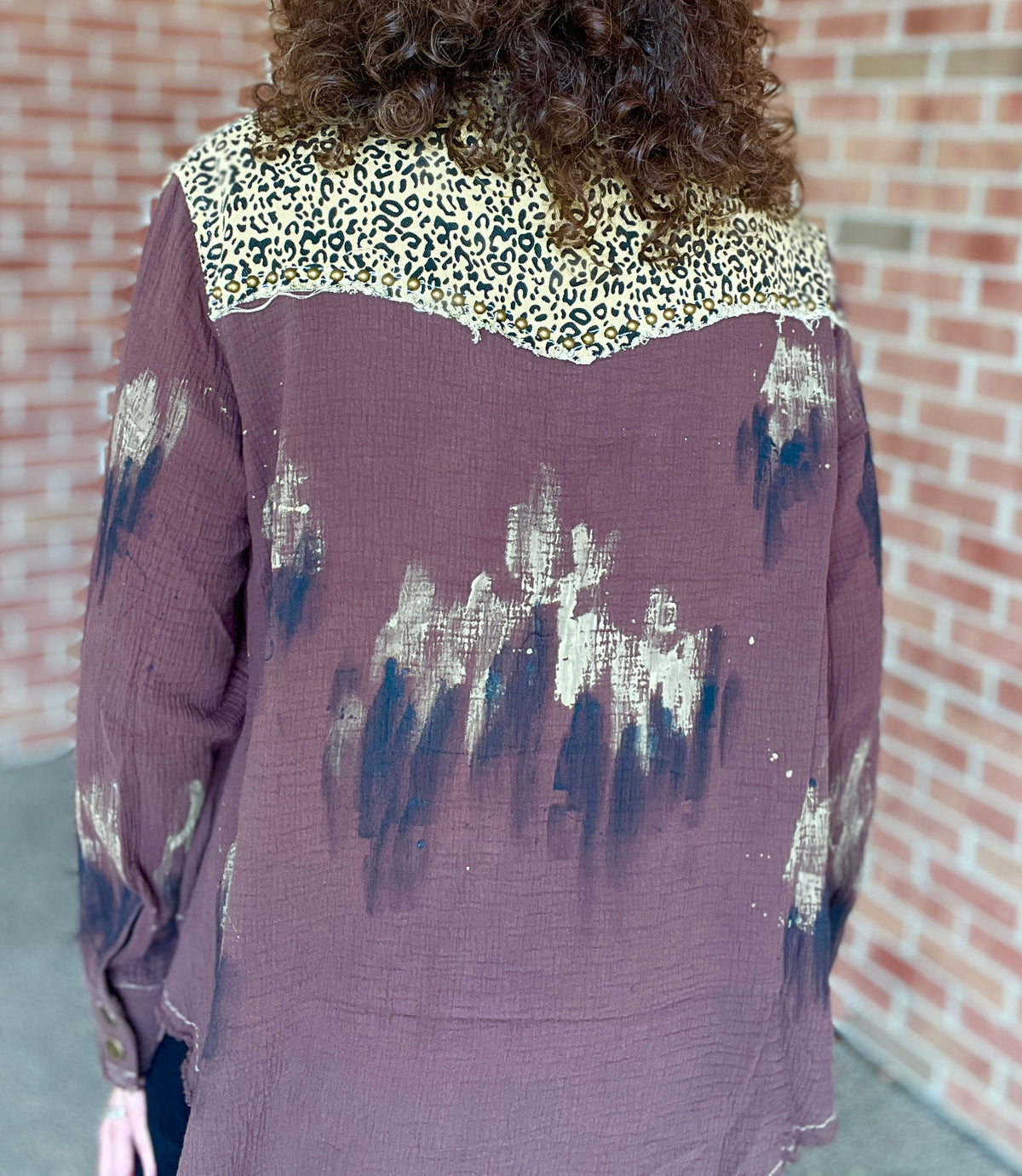 Mixed Fabric Button Down with Paint and Stud Details