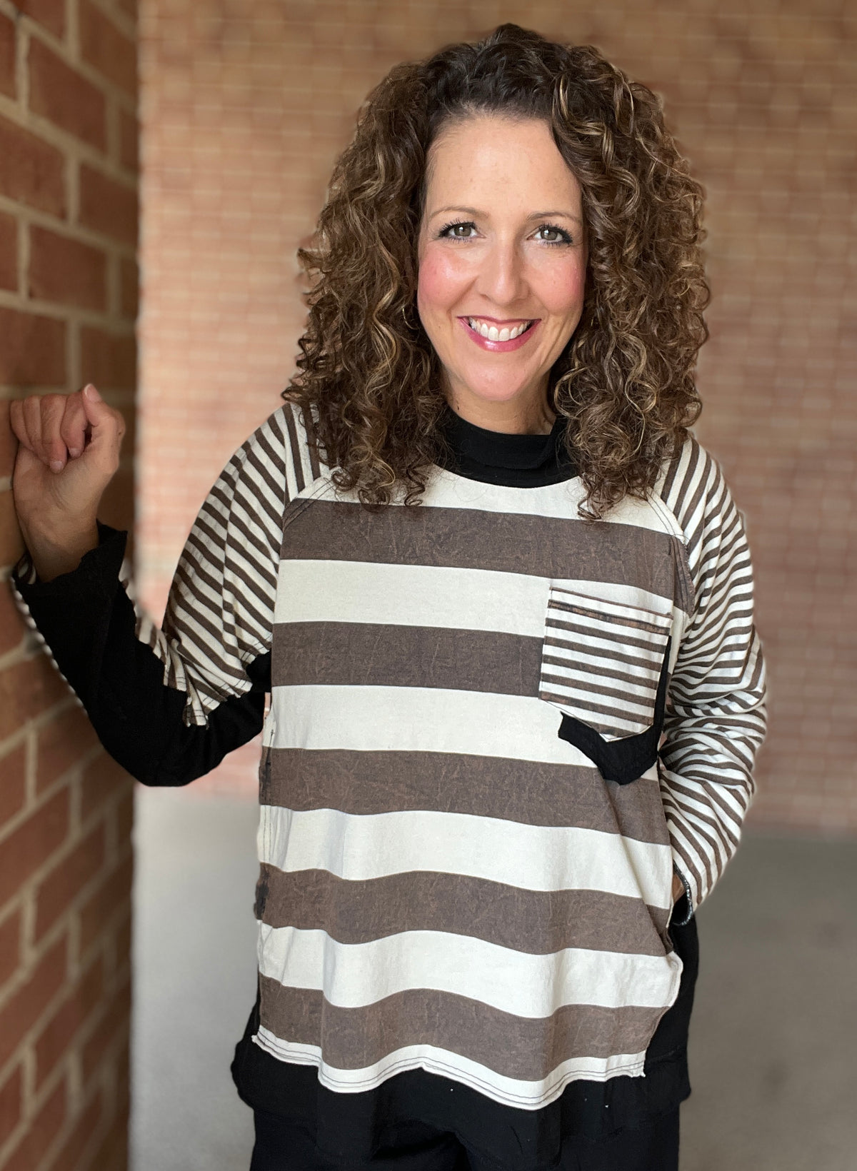 Washed Mock Neck Striped Top