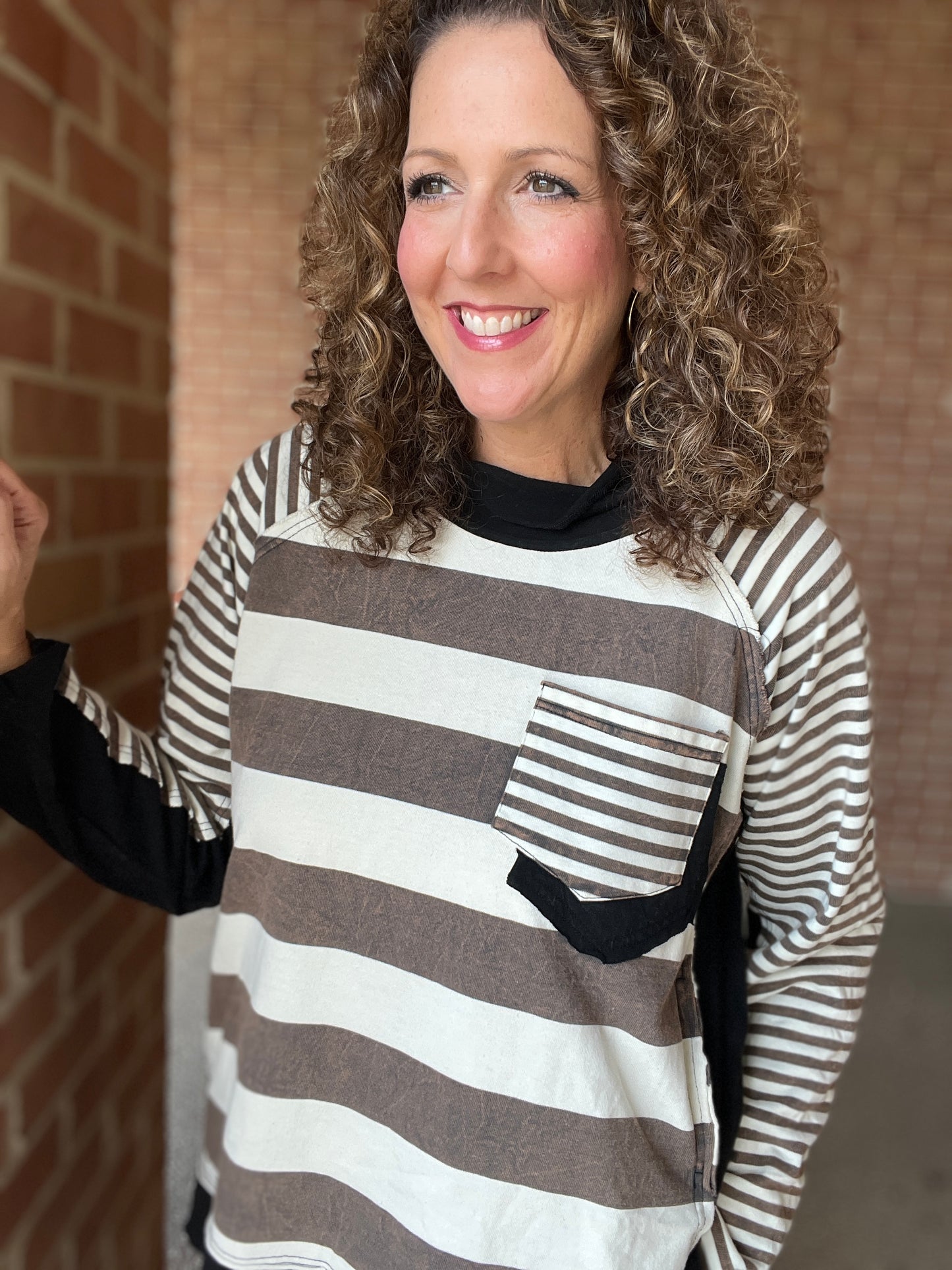 Washed Mock Neck Striped Top