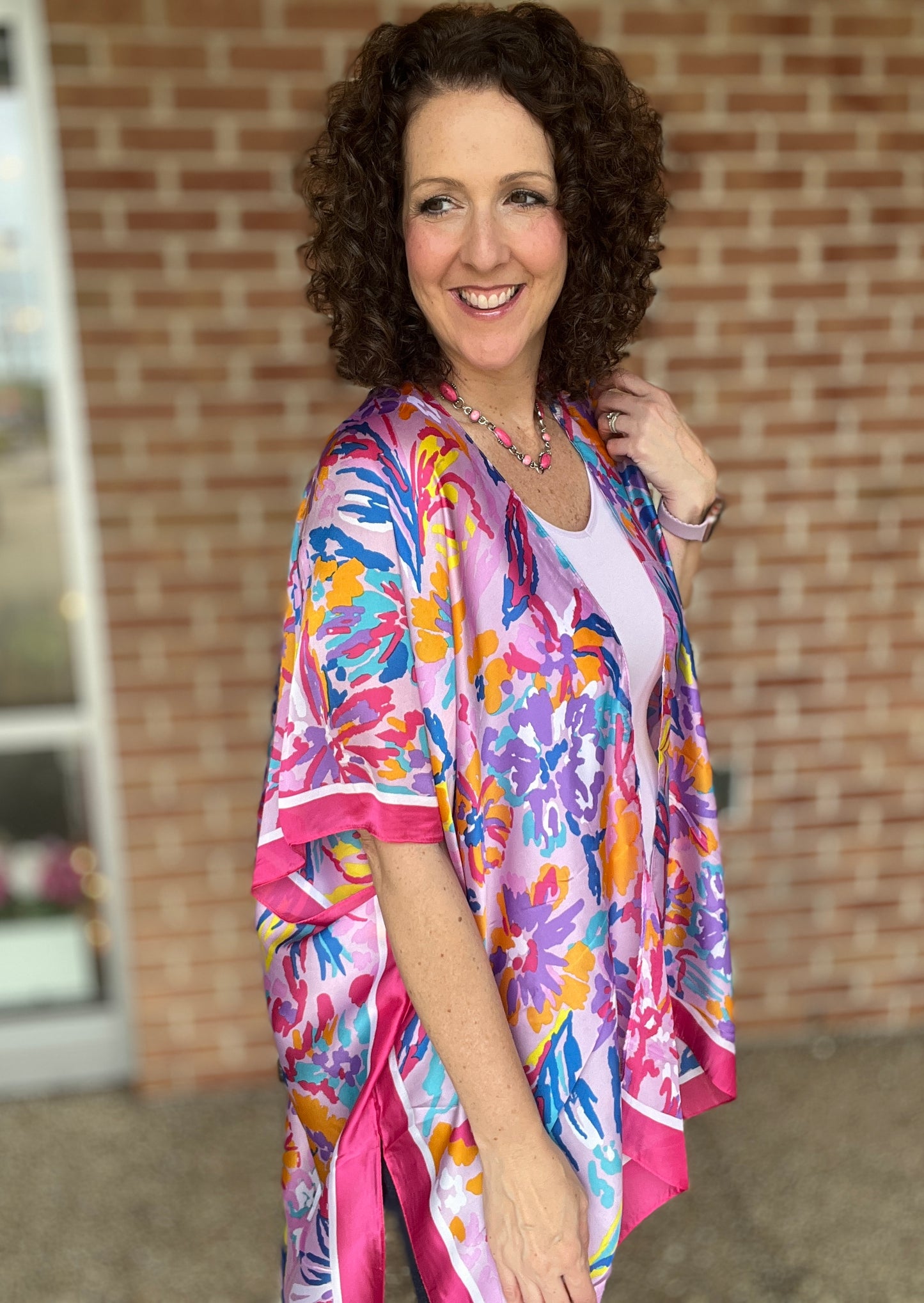 Pink Trim Floral Kimono