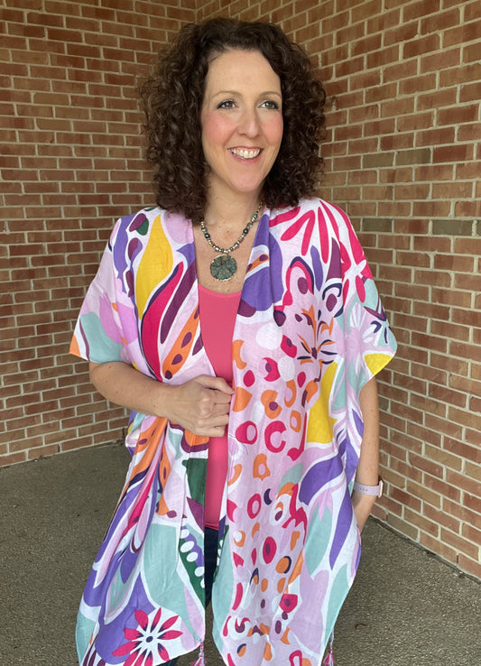 Lavender Floral Kimono with Tassels