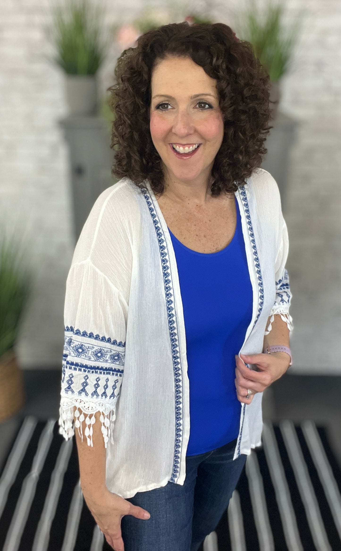 Blue Embroidered Kimono with Fringe