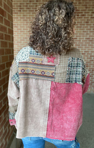 Mixed Fabric Patchwork Shacket