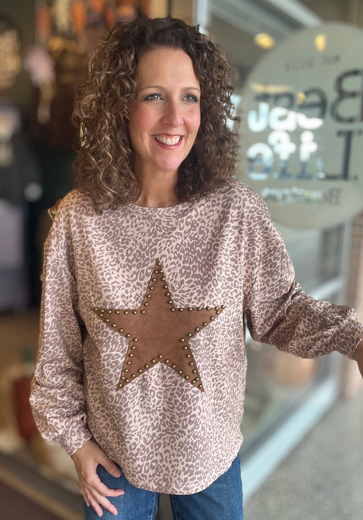 Leopard Print Star Patch Top with Studs