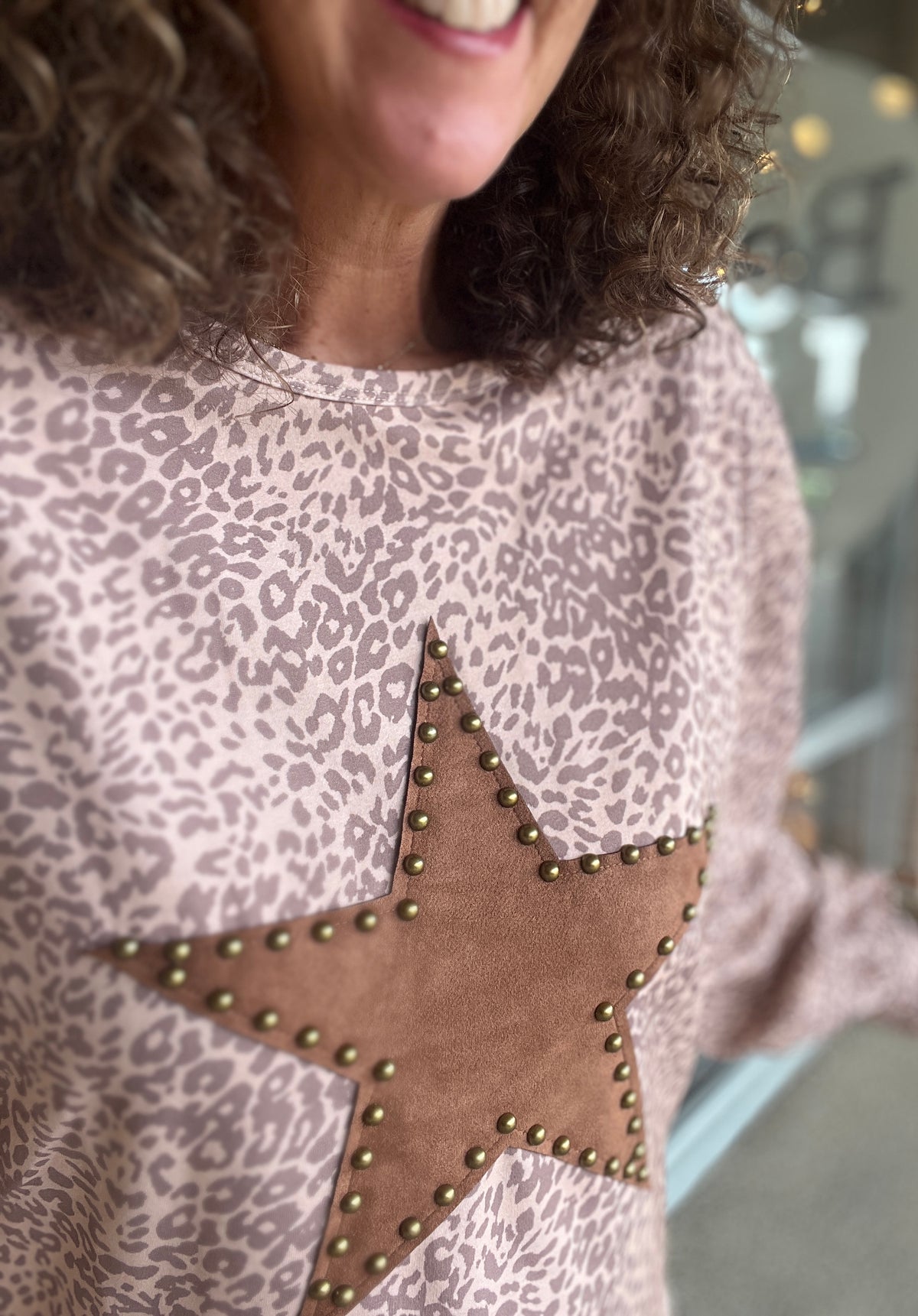 Leopard Print Star Patch Top with Studs