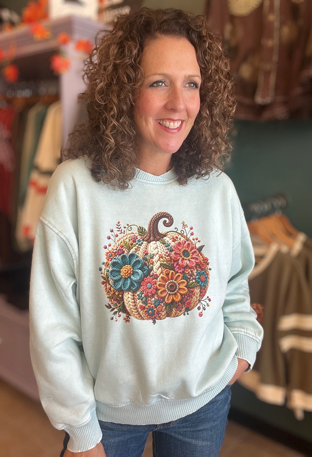 CROCHETED FLORAL PUMPKIN Acid Wash Sweatshirt