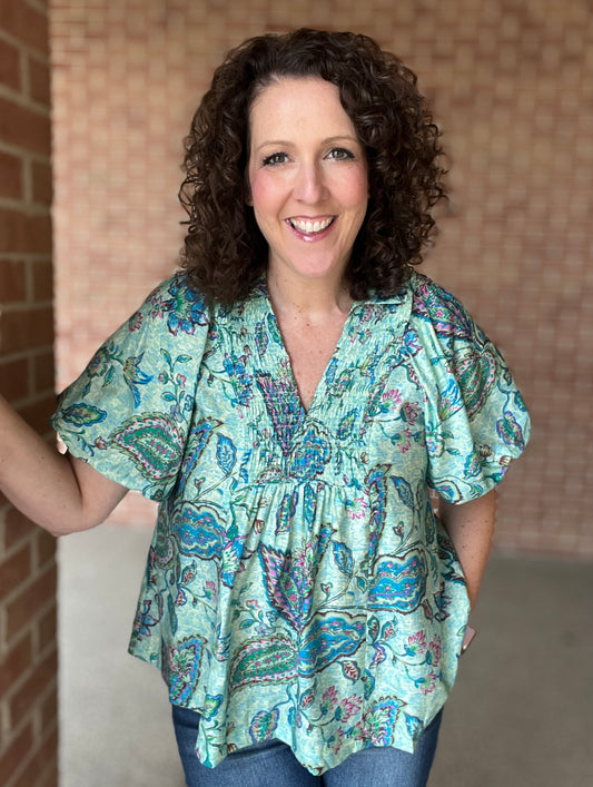 Paisley Puff Sleeve Top with Smocked Detail