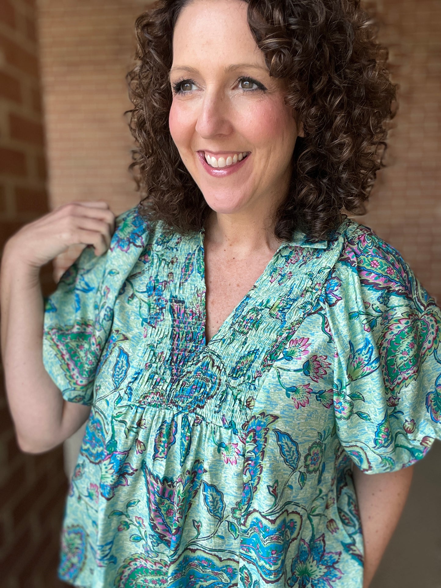Paisley Puff Sleeve Top with Smocked Detail