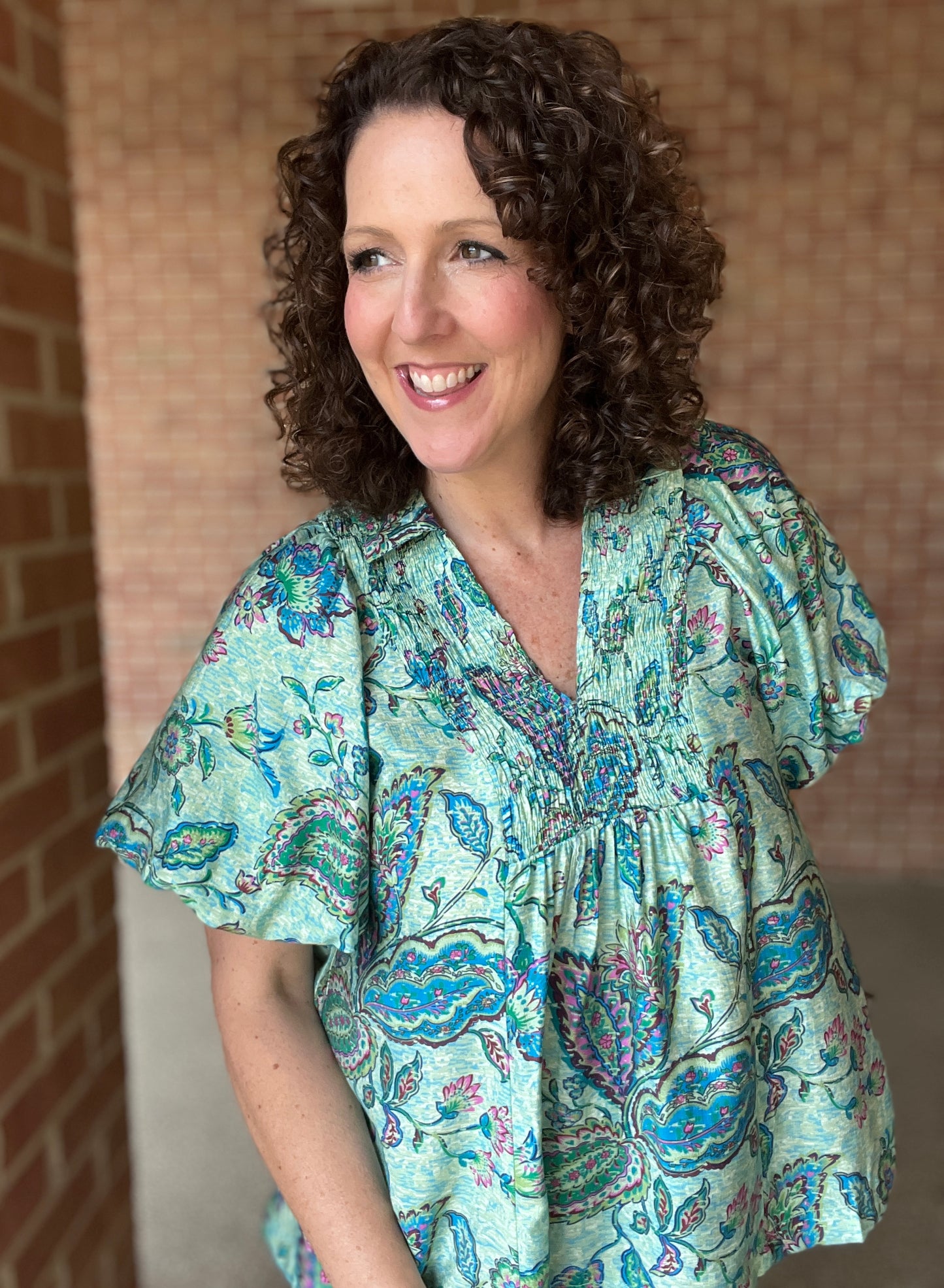 Paisley Puff Sleeve Top with Smocked Detail