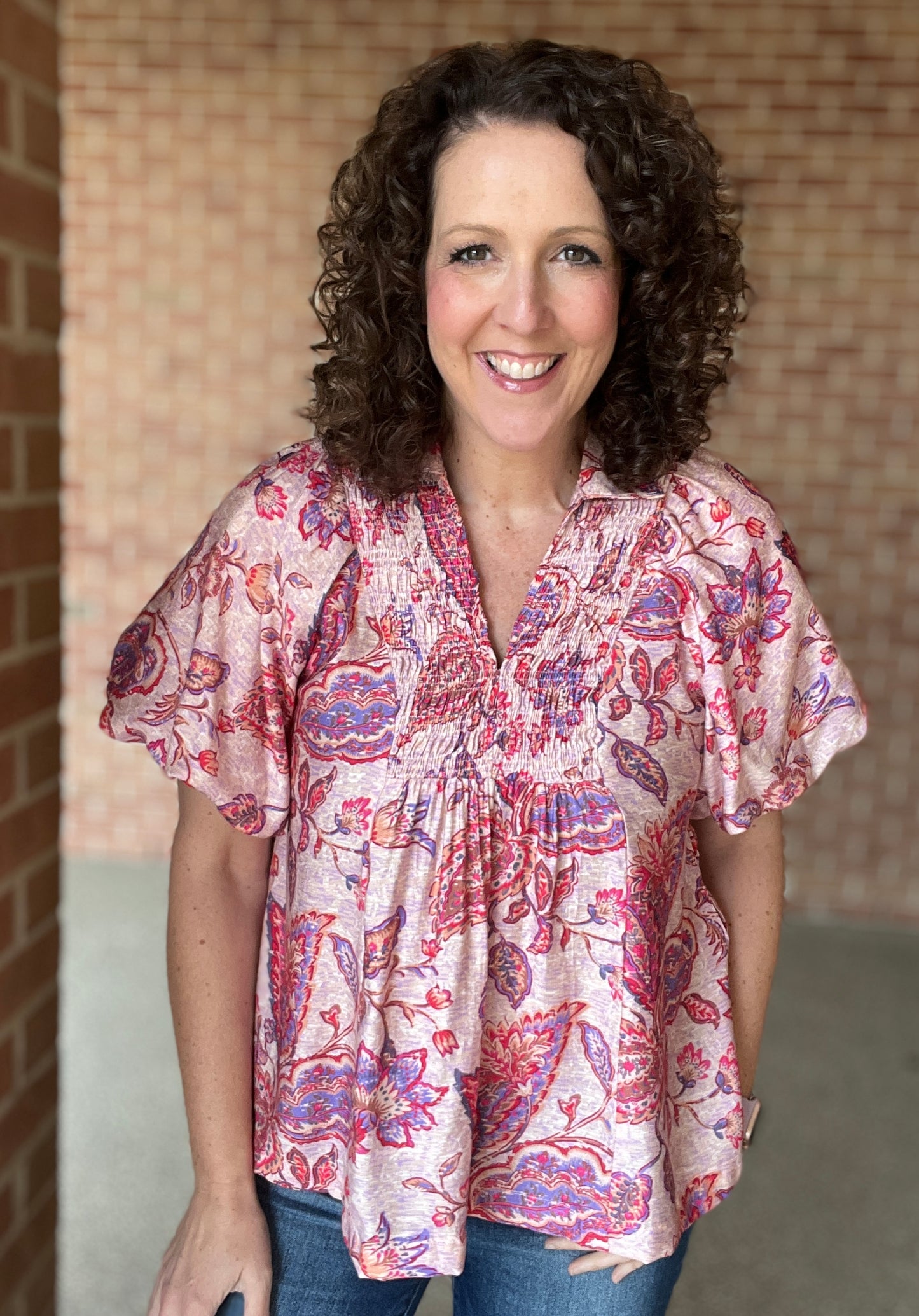 Paisley Puff Sleeve Top with Smocked Detail