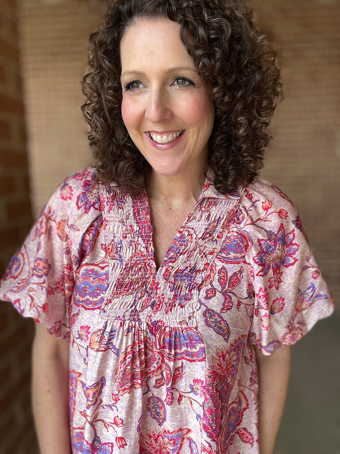 Paisley Puff Sleeve Top with Smocked Detail