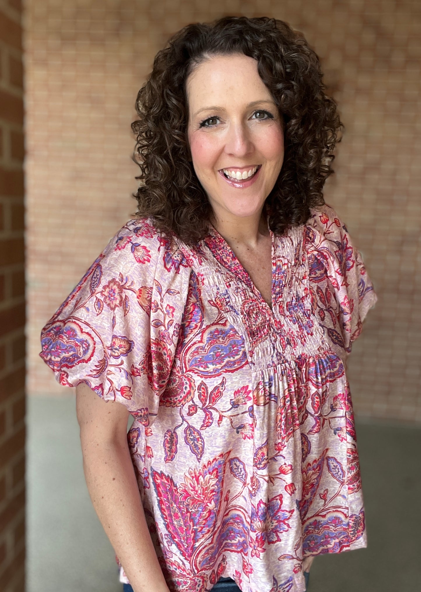 Paisley Puff Sleeve Top with Smocked Detail