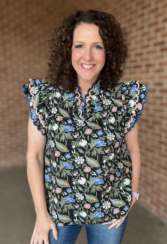 Embroidered Scalloped Edge Floral Top