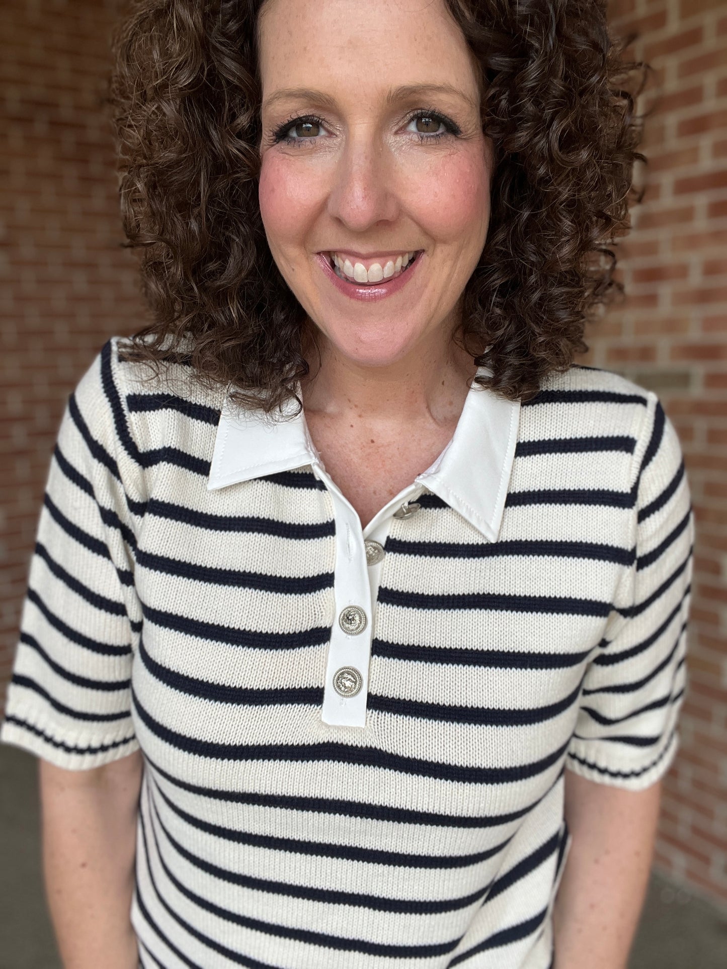 Navy Striped Knit Top with Silver Button Detail