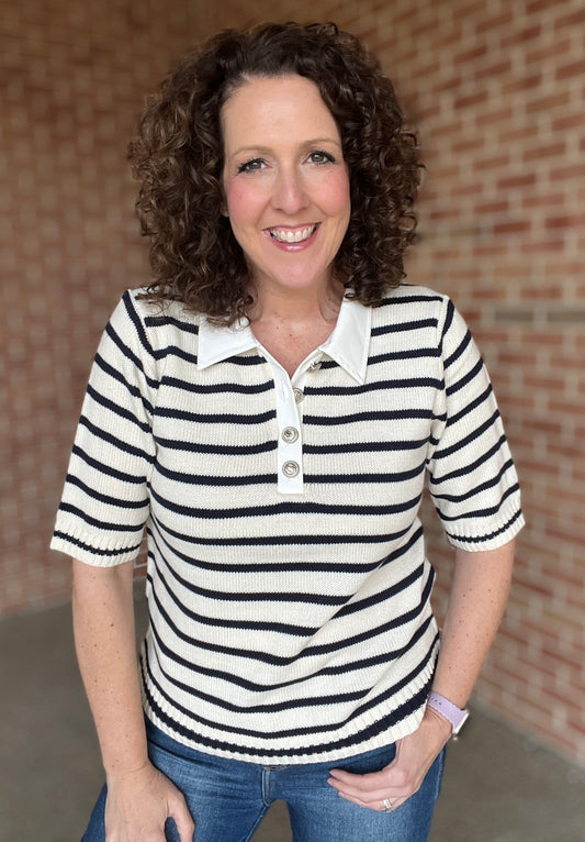 Navy Striped Knit Top with Silver Button Detail