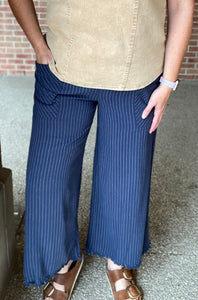 Pinstripe Linen Pants with Frayed Edge